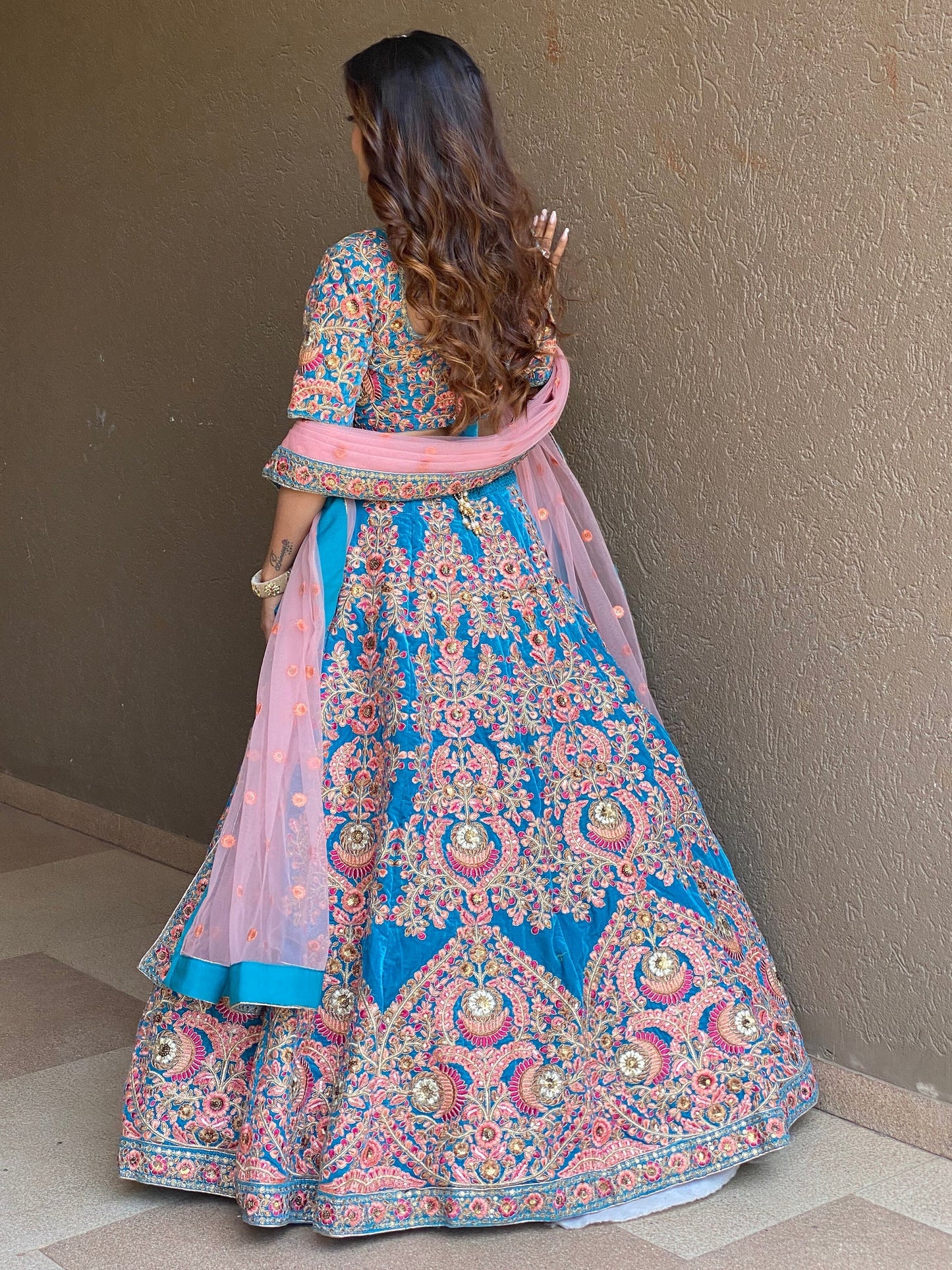 Blue sequins embroidery bridal lehenga, Indian style, USA.