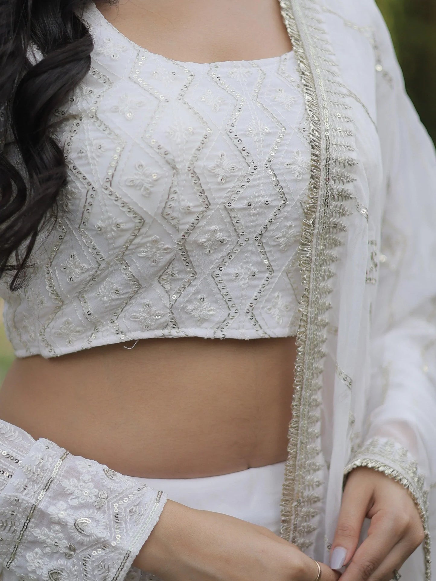 White georgette bridal lehenga with dupatta in California.