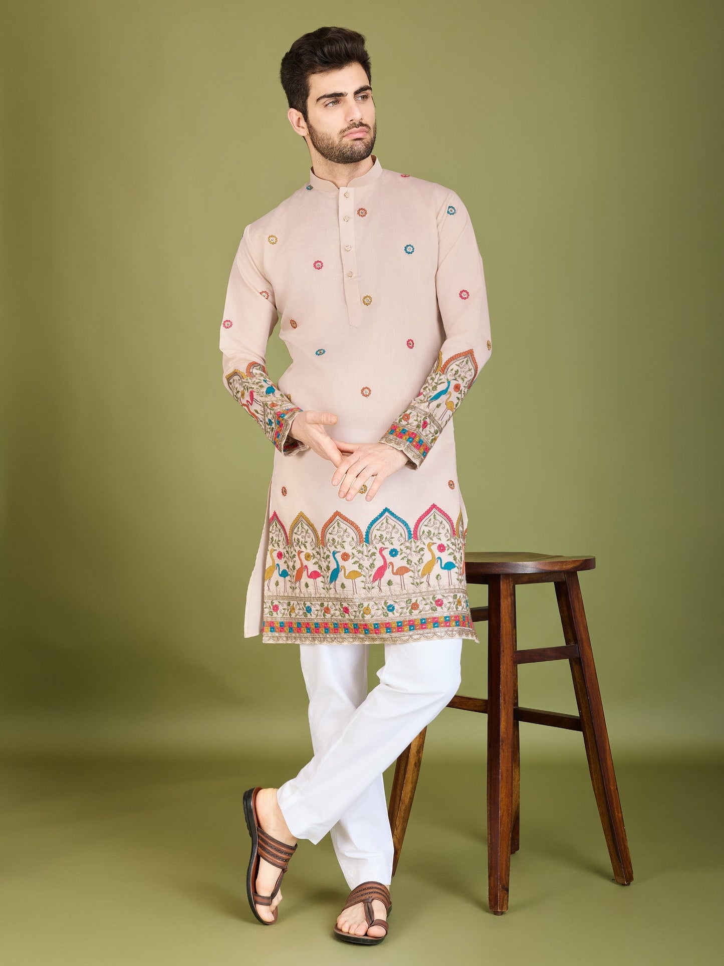 Peach Kurta for Men in Viscose Silk with Embroidered Detail