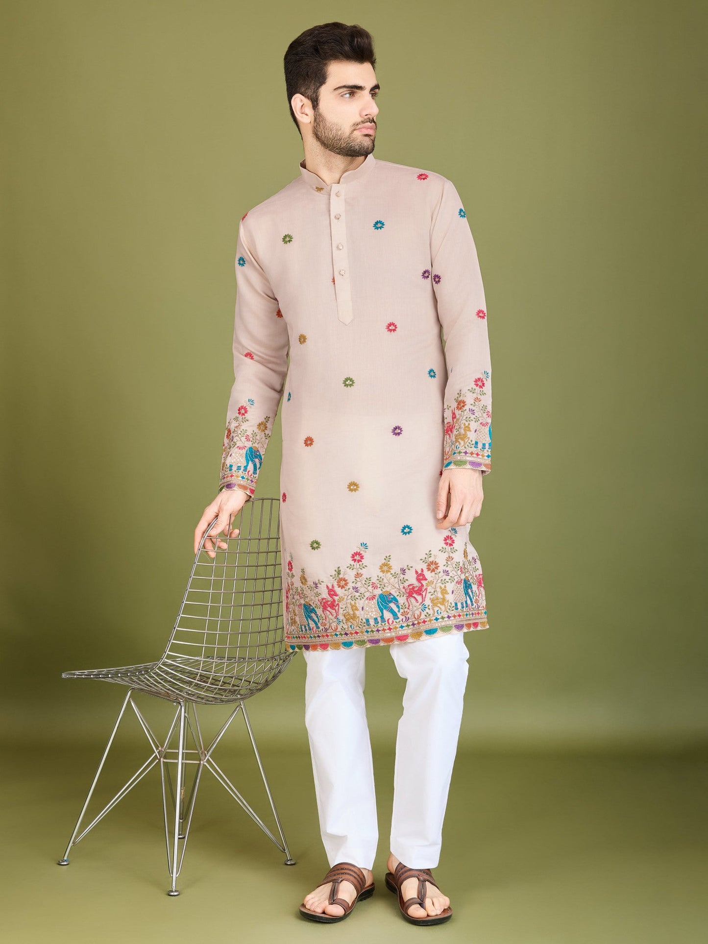 Mens Kurta Clothes In Peach With Thread Embroidery