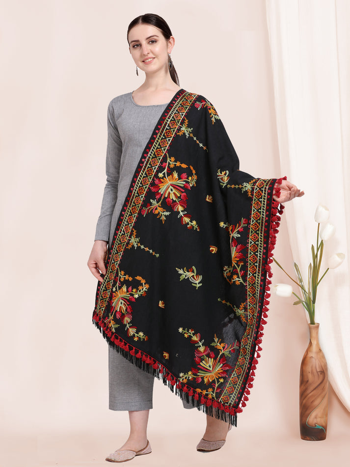Hand detailed embroidery on black cotton dupatta