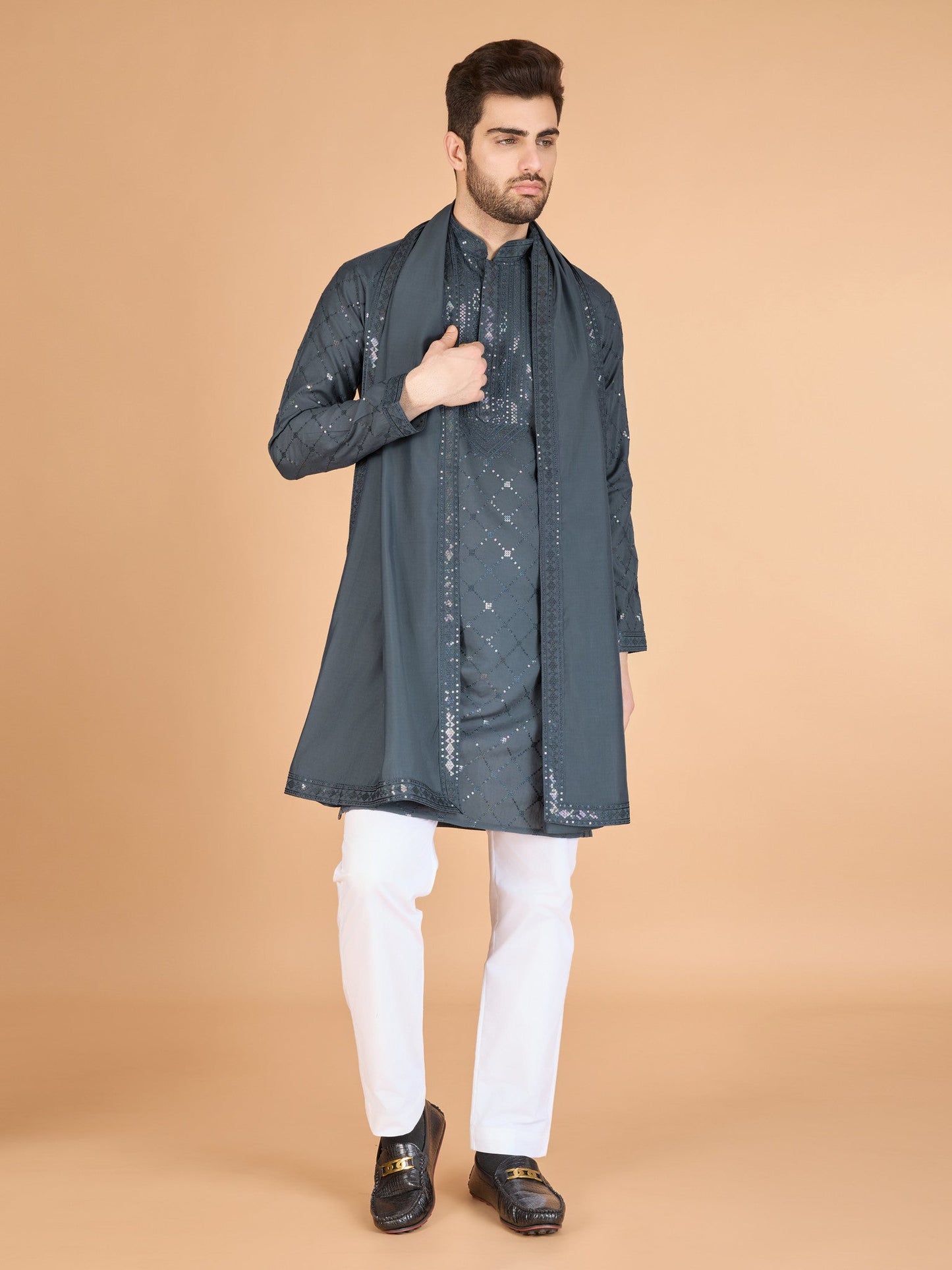 Male Kurta In Grey Silk Festive Styling