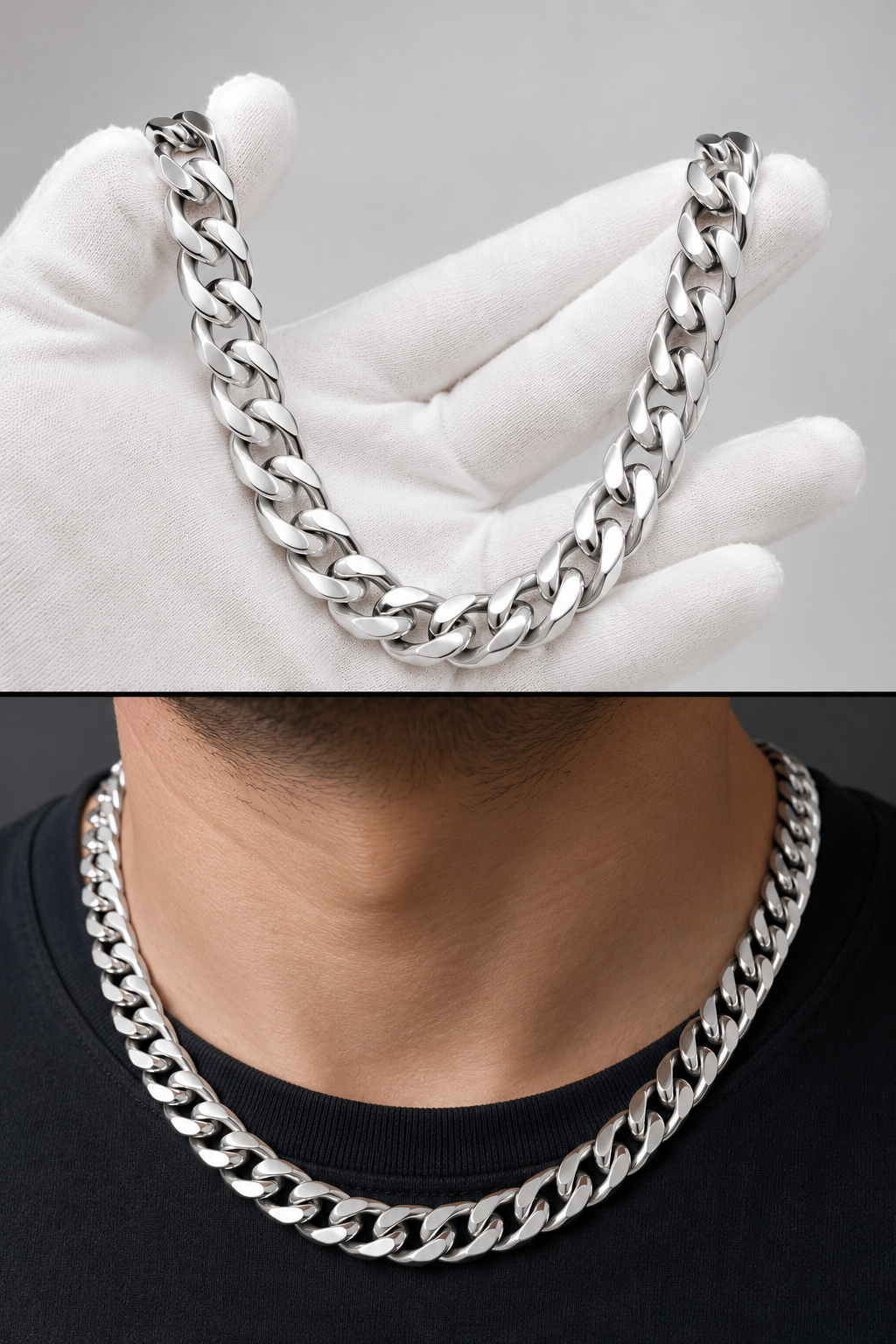 A silver-toned chunky curb link chain necklace, shown in a split view: held in a white-gloved hand at the top and worn on a person's neck at the bottom.
