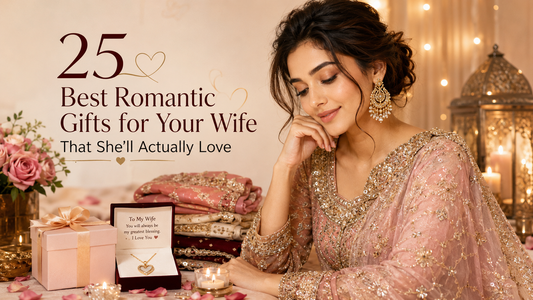 25 best romantic gifts for your wife featuring elegant ethnic wear, heart pendant jewelry and a romantic gift setup