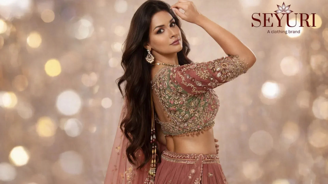 Side-pose bridal lehenga in blush pink and sage green with intricate floral embroidery, styled on a model against a soft neutral background