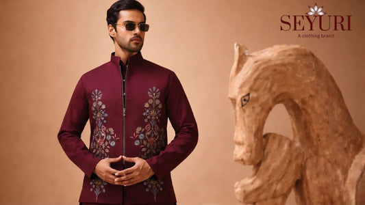 Men’s Indo-Western maroon Jodhpuri outfit with embroidered jacket and traditional pants