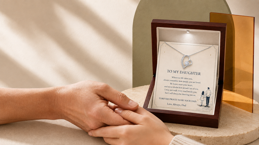 Father and daughter holding hands beside a silver heart pendant necklace with a heartfelt daughter message card in a modern gift box setting.