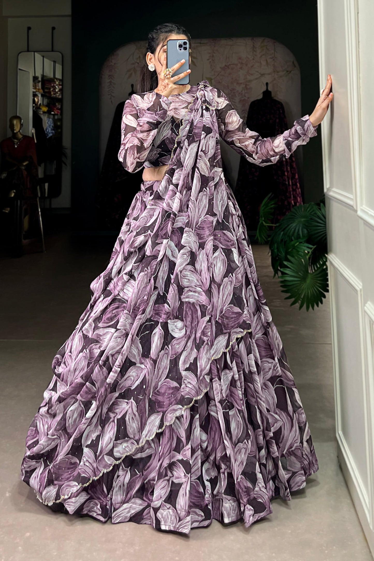 Purple Lehenga channels royalty and richness – perfect for opulent weddings, grand events, and statement looks. 