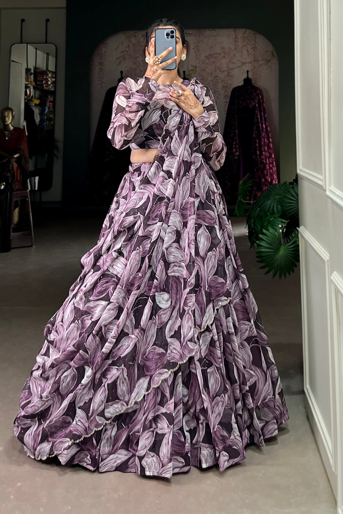 Purple Lehenga channels royalty and richness – perfect for opulent weddings, grand events, and statement looks. 