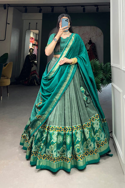 Green Silk Printed Lehenga Choli for Festival