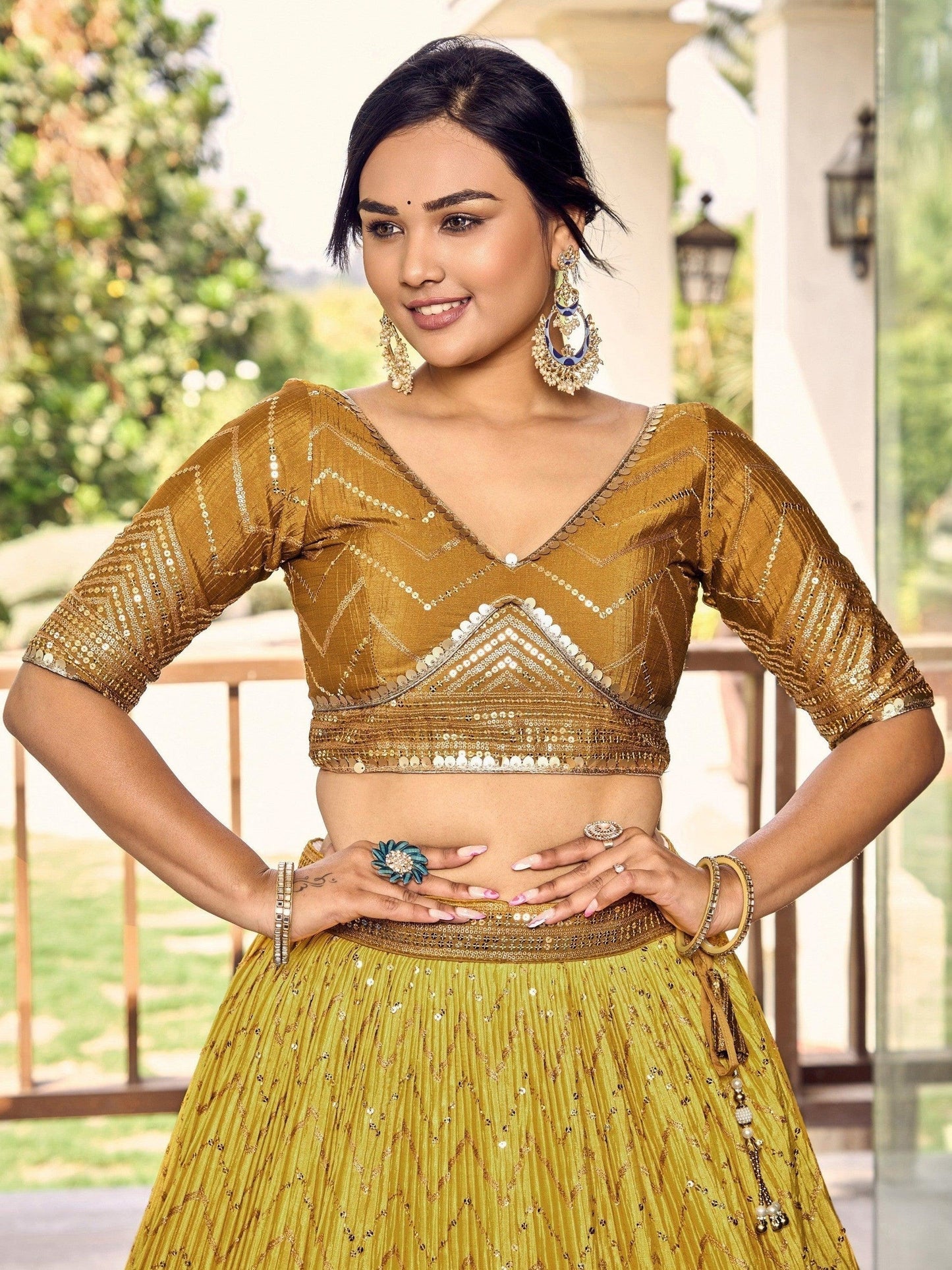Ochre chinon lehenga with net dupatta Bollywood style luxury