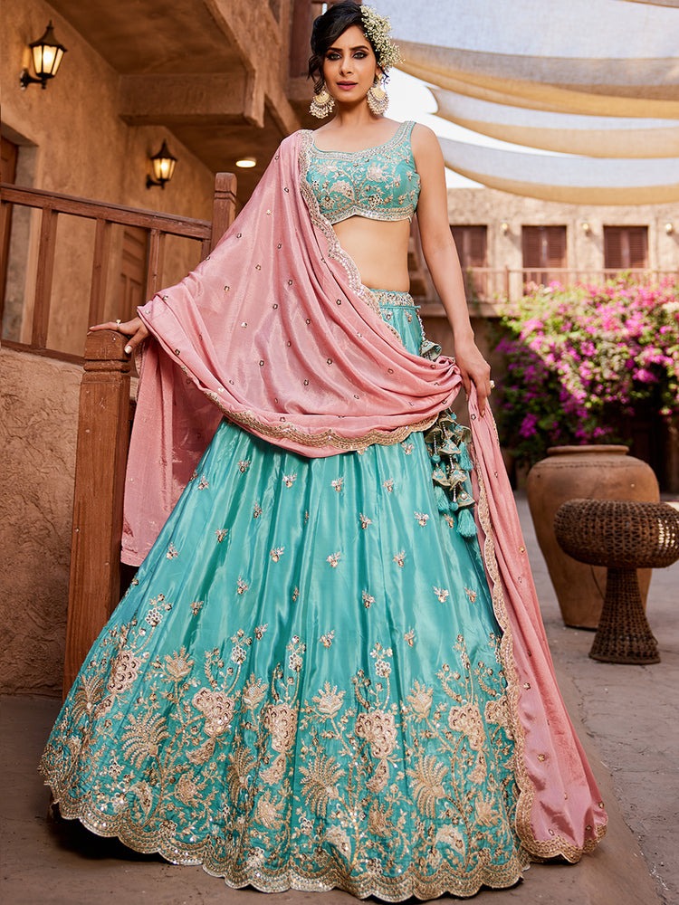 Exclusive Sky Blue Tissue Lehenga Choli with Pink Dupatta