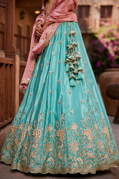 Exclusive Sky Blue Tissue Lehenga Choli with Pink Dupatta