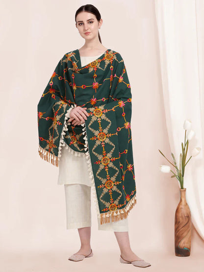 Dark Green Dupatta In Khadi Cotton With Embroidery