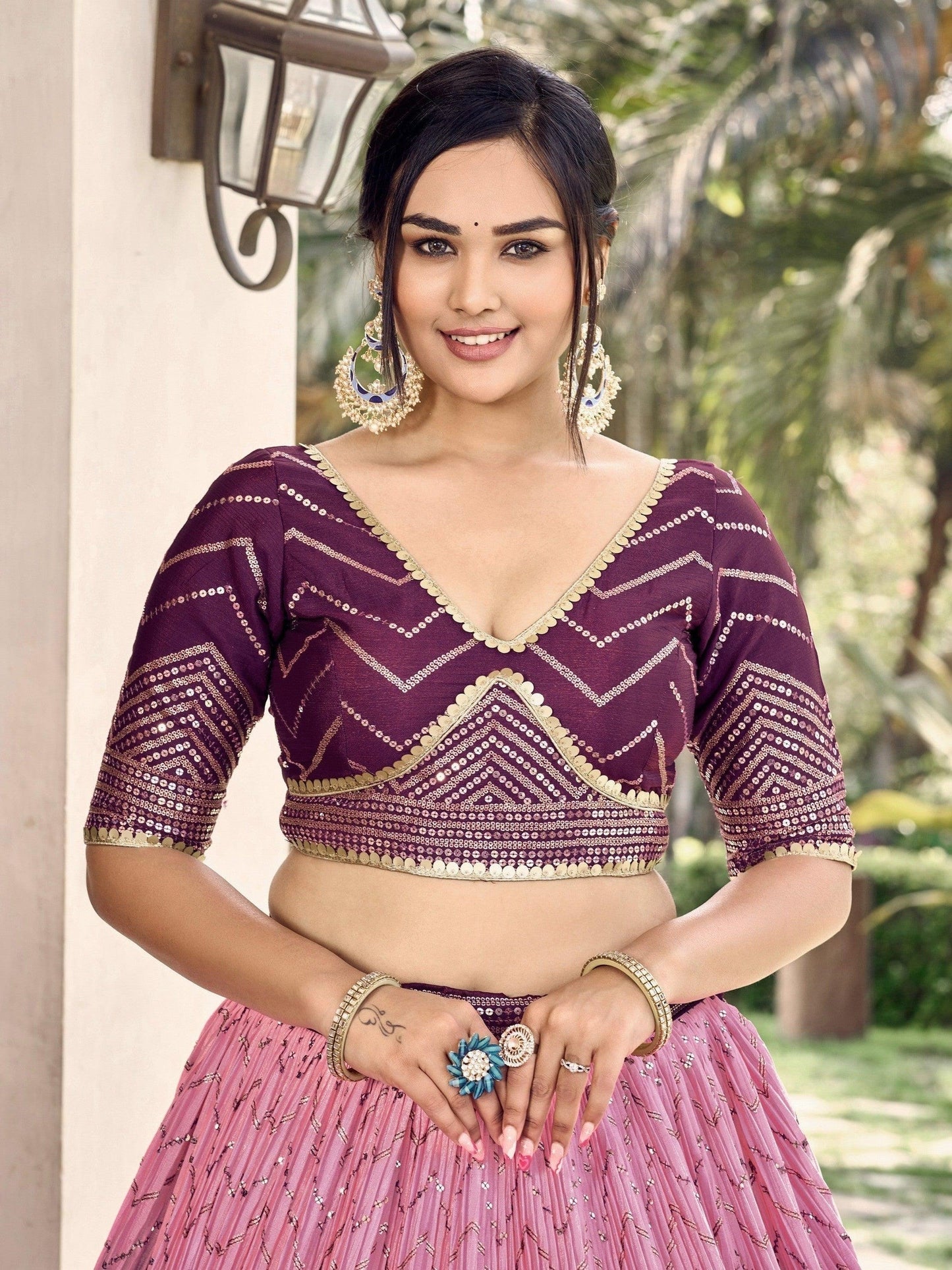 Purple chinon lehenga with multi embroidery Indian style USA