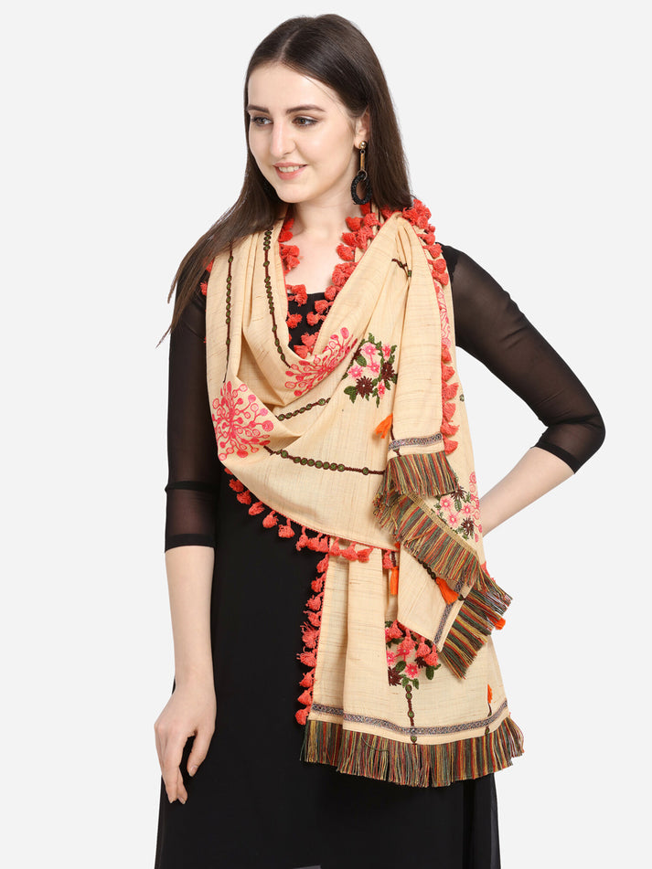 Stunning Cream Dupatta Scarf Style With Embroidery