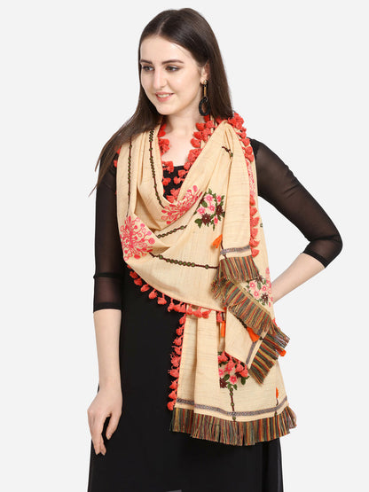 Stunning Cream Dupatta Scarf Style With Embroidery