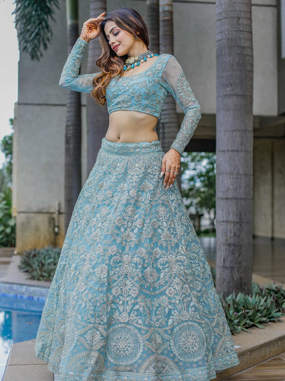 Sky blue ready-to-wear thread embroidery lehenga for wedding festival.