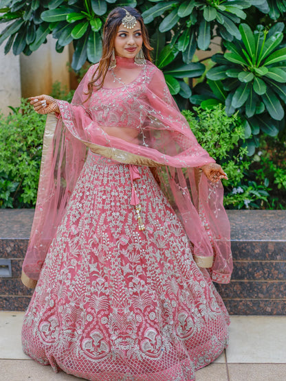 Rosy brown multi embroidery lehenga with dupatta for Diwali.
