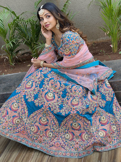 Blue sequins embroidery bridal lehenga, Indian style, USA.