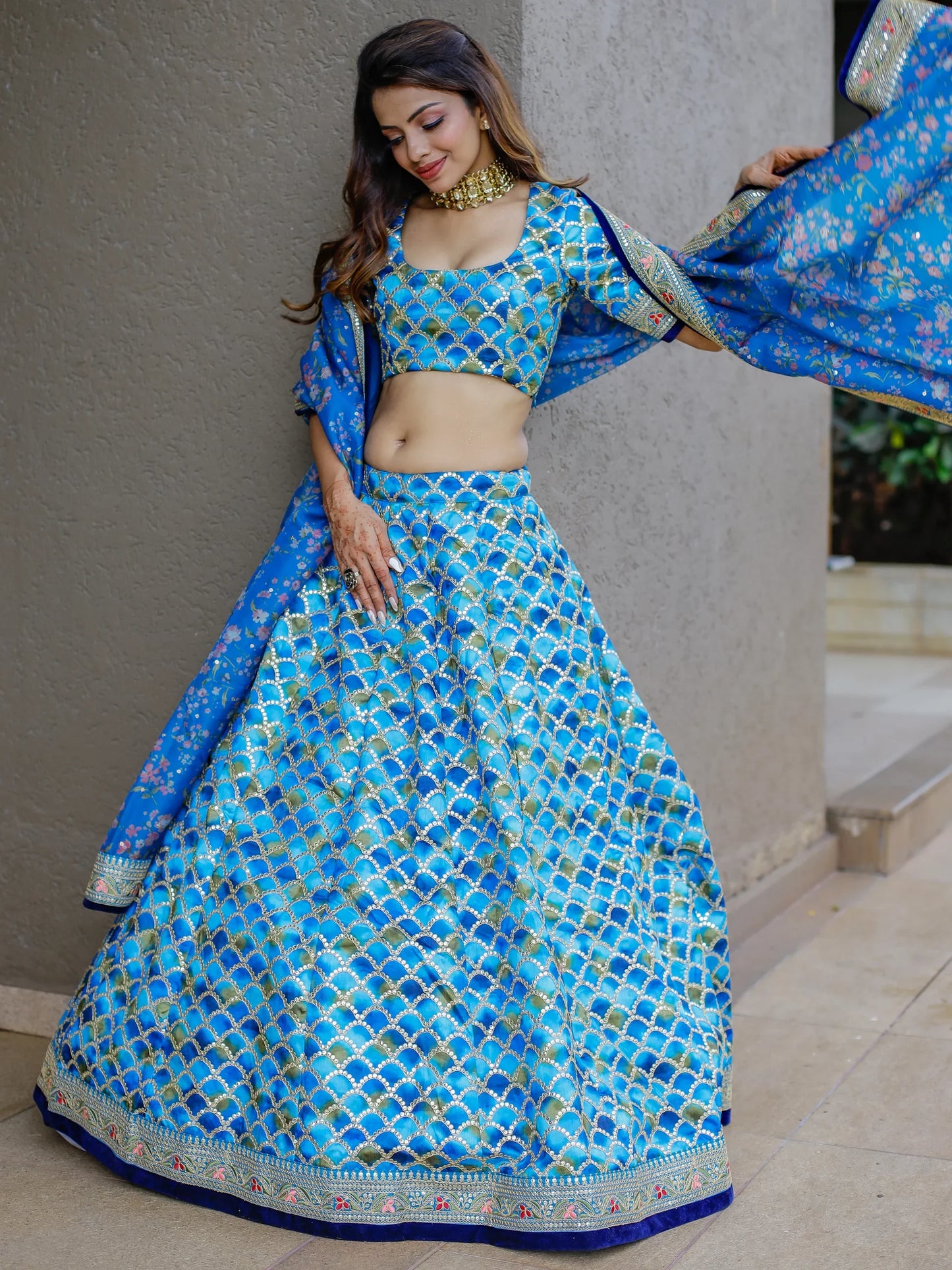 Sky blue multi embroidery stitched lehenga for festival reception.