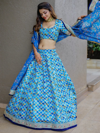 Sky blue multi embroidery stitched lehenga for festival reception.