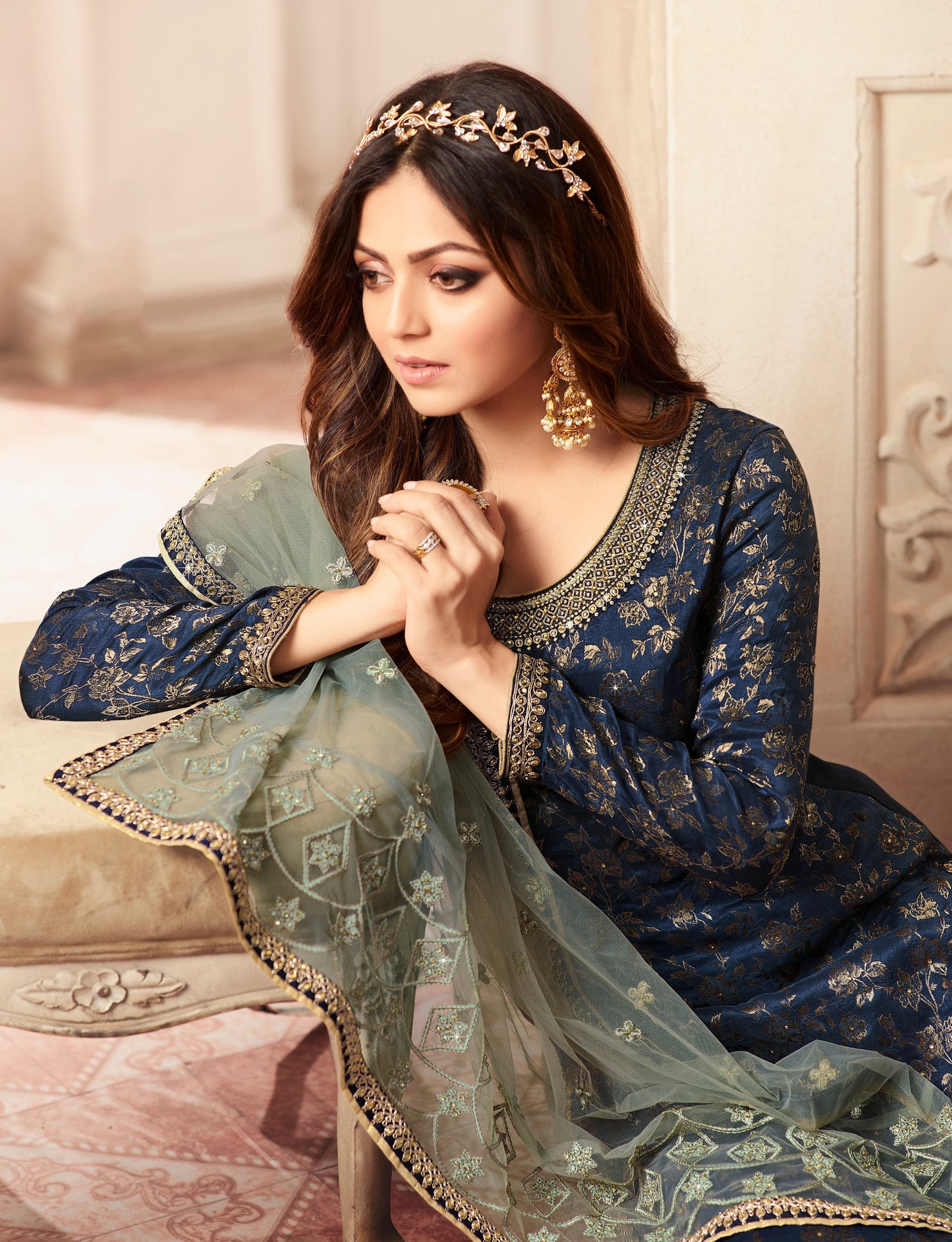 Blue Jacquard Silk Palazzo For Wedding Function