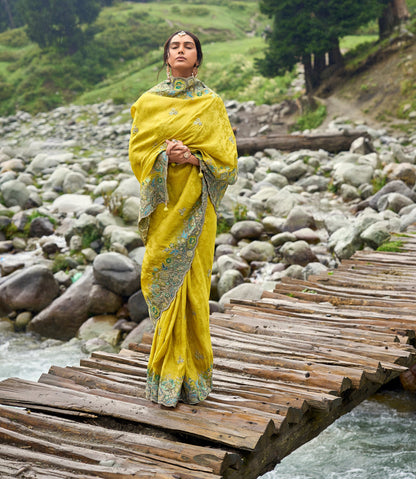 yellow Gadwal Saree with Lemon Silk Blouse for Wedding & Sangeet
