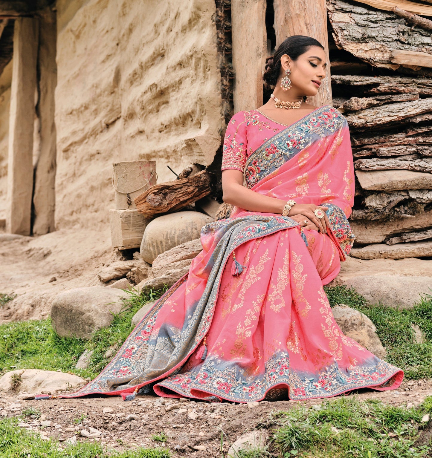 Grey-pink dola silk saree with embroidery and gota patti