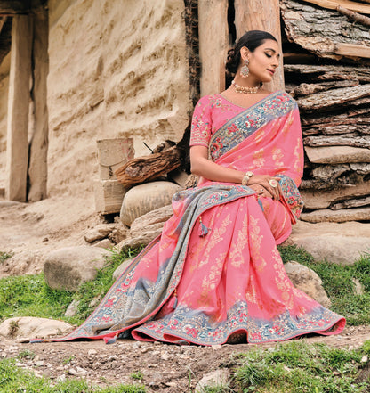Grey-pink dola silk saree with embroidery and gota patti