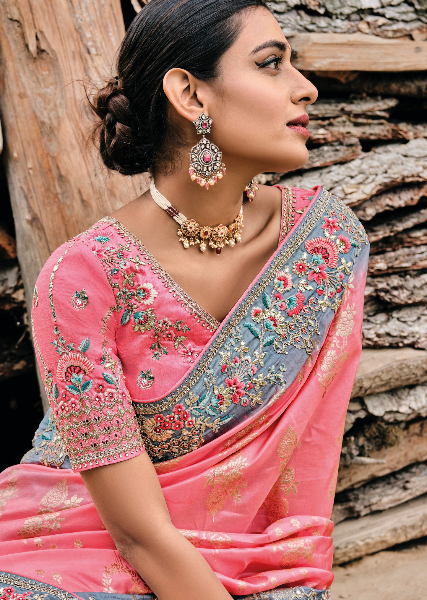 Grey-pink dola silk saree with embroidery and gota patti