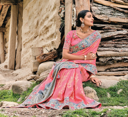 Grey-pink dola silk saree with embroidery and gota patti