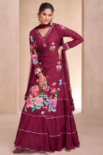 Wine Lehenga speaks of depth and refined glamour – a stunning choice for evening functions, sangeet, or regal festivities. 