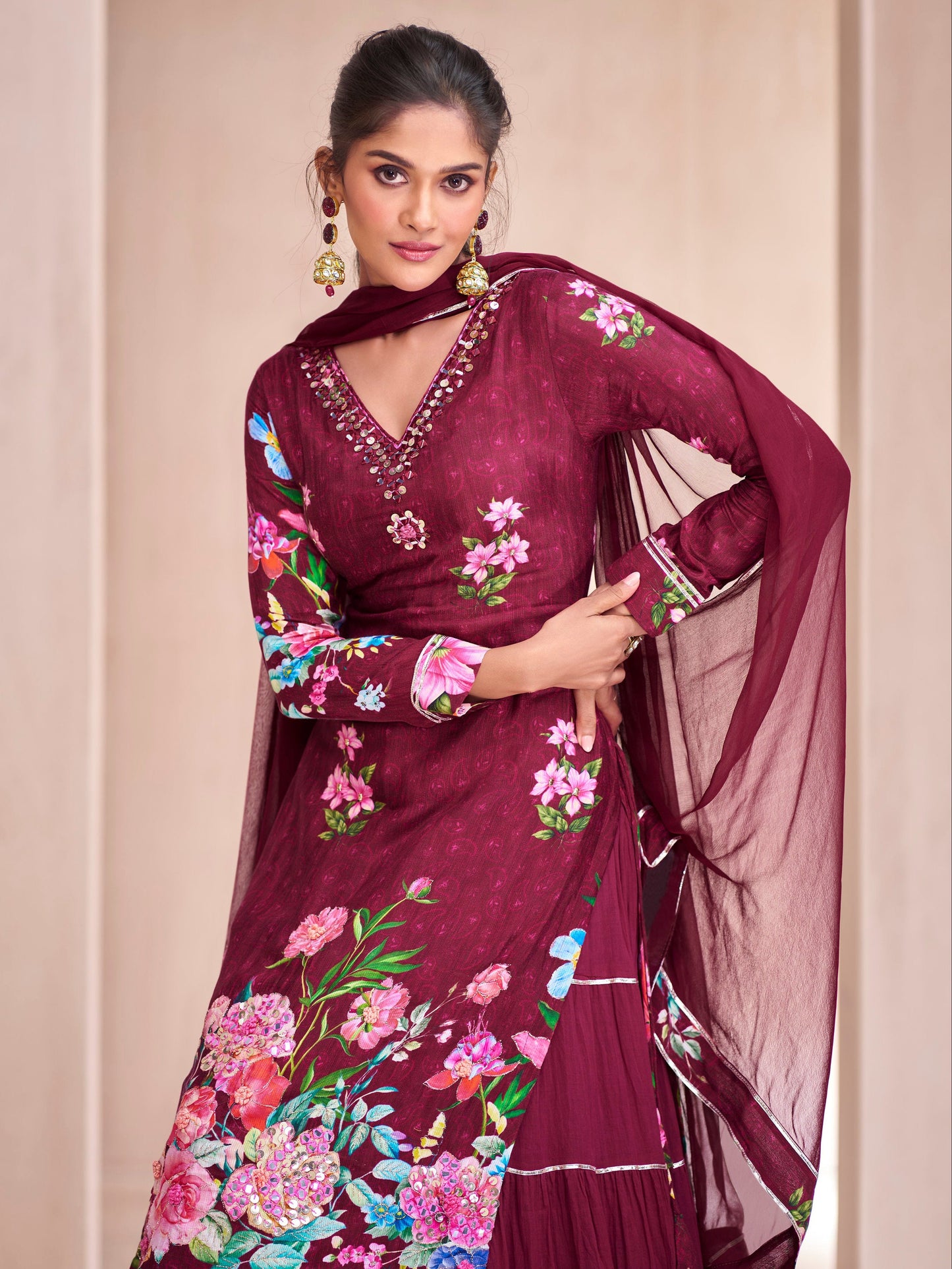 Wine Lehenga speaks of depth and refined glamour – a stunning choice for evening functions, sangeet, or regal festivities. 