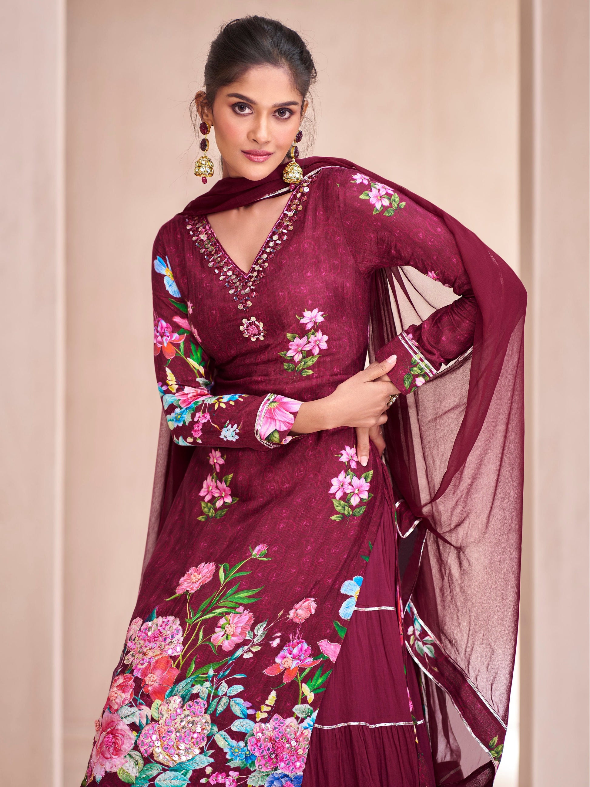 Wine Lehenga speaks of depth and refined glamour – a stunning choice for evening functions, sangeet, or regal festivities. 