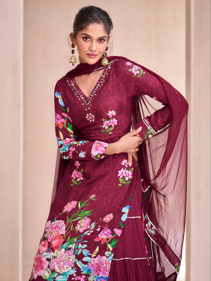 Wine Lehenga speaks of depth and refined glamour – a stunning choice for evening functions, sangeet, or regal festivities. 
