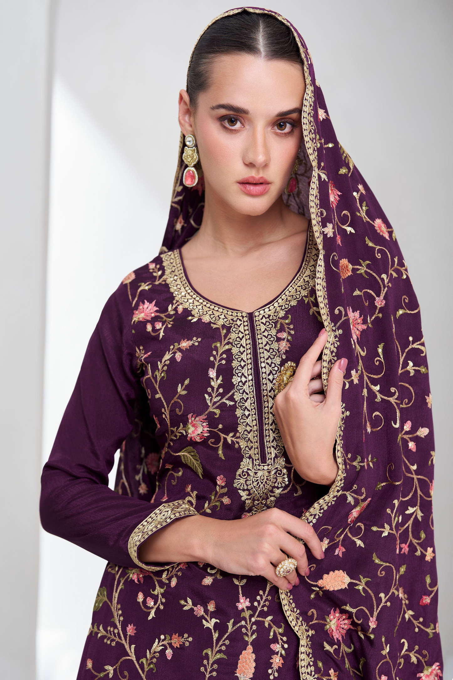 Exclusive Purple Chinon Silk Palazzo Suit For Ethnic Style