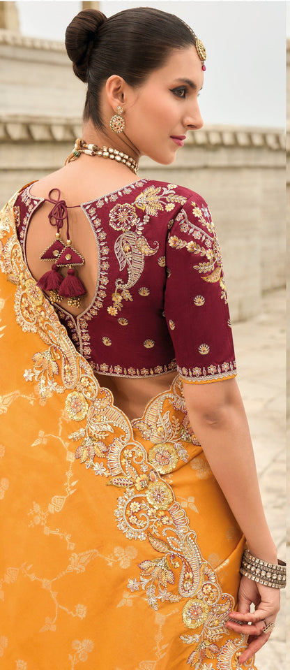Orange Gadwal Silk Saree with Magenta Blouse for Sangeet & Weddings