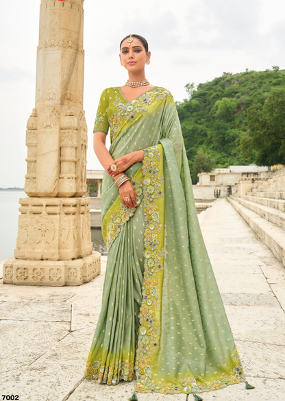 Pista Green Gadwal Silk Saree with Magenta Blouse for Reception