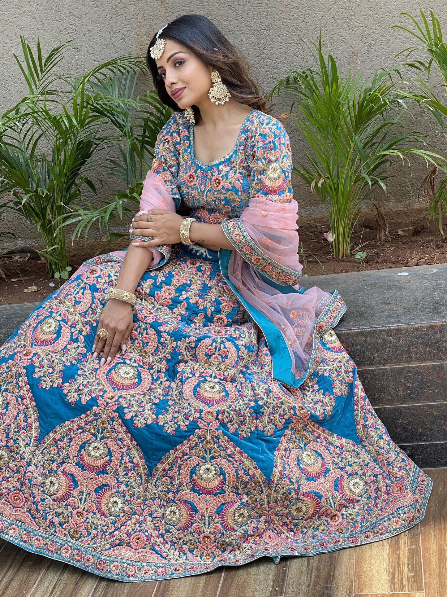 Blue sequins embroidery bridal lehenga, Indian style, USA.