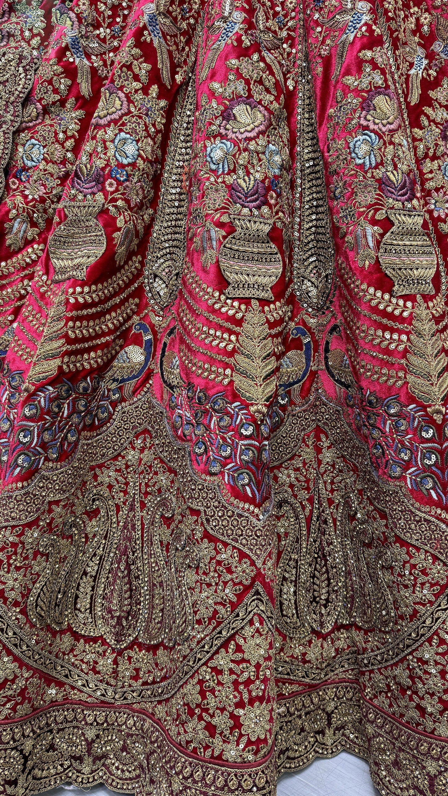 Latest Red Velvet Bridesmaid Lehenga Choli with Multi Thread Work