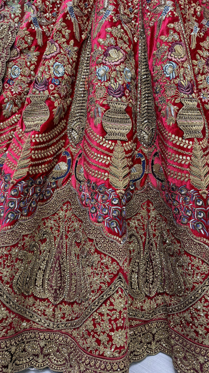Latest Red Velvet Bridesmaid Lehenga Choli with Multi Thread Work