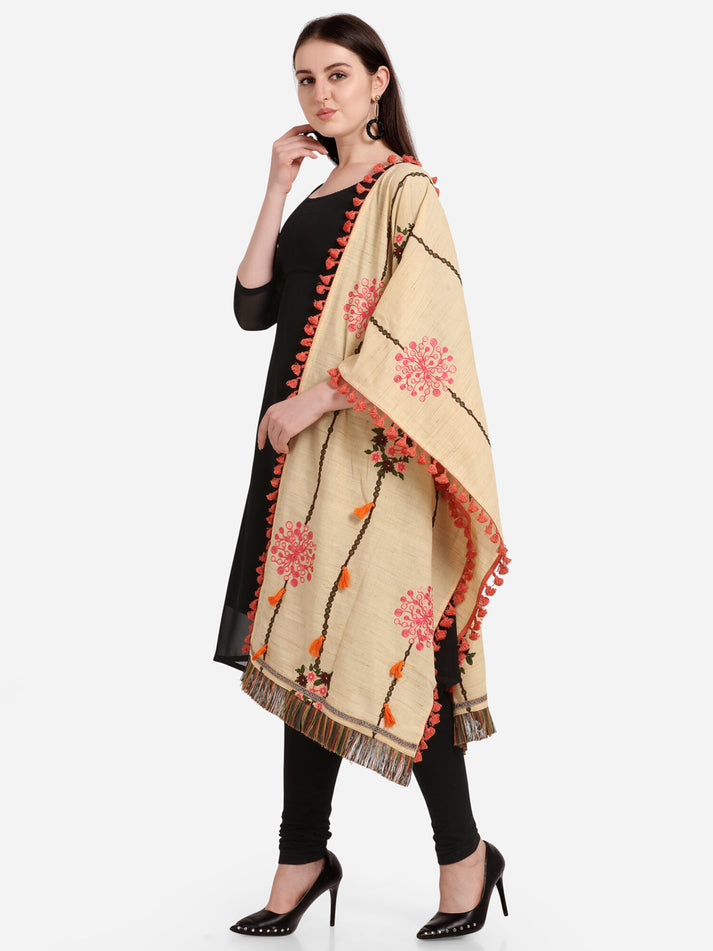 Stunning Cream Dupatta Scarf Style With Embroidery