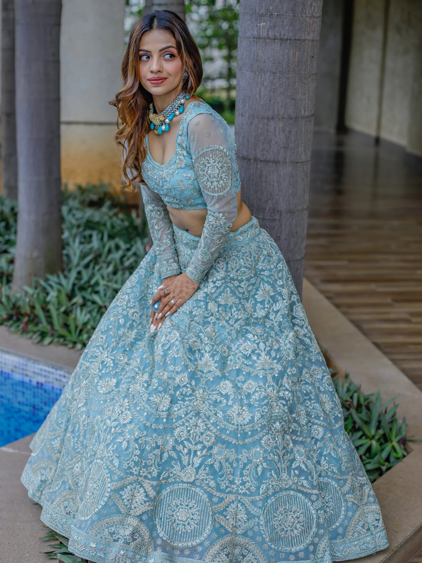 Sky blue ready-to-wear thread embroidery lehenga for wedding festival.