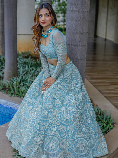 Sky blue ready-to-wear thread embroidery lehenga for wedding festival.