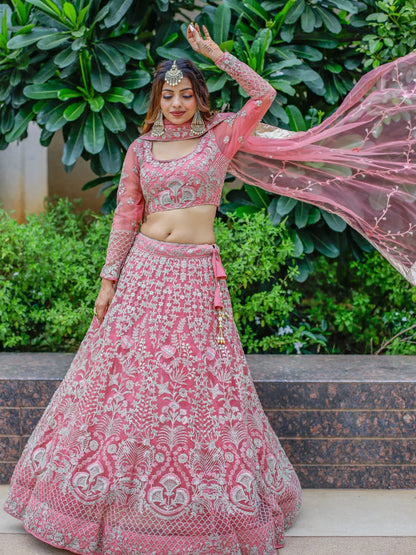 Rosy brown multi embroidery lehenga with dupatta for Diwali.