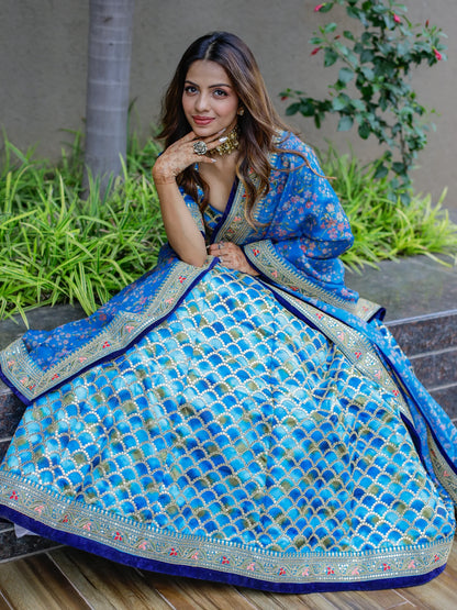 Sky blue multi embroidery stitched lehenga for festival reception.