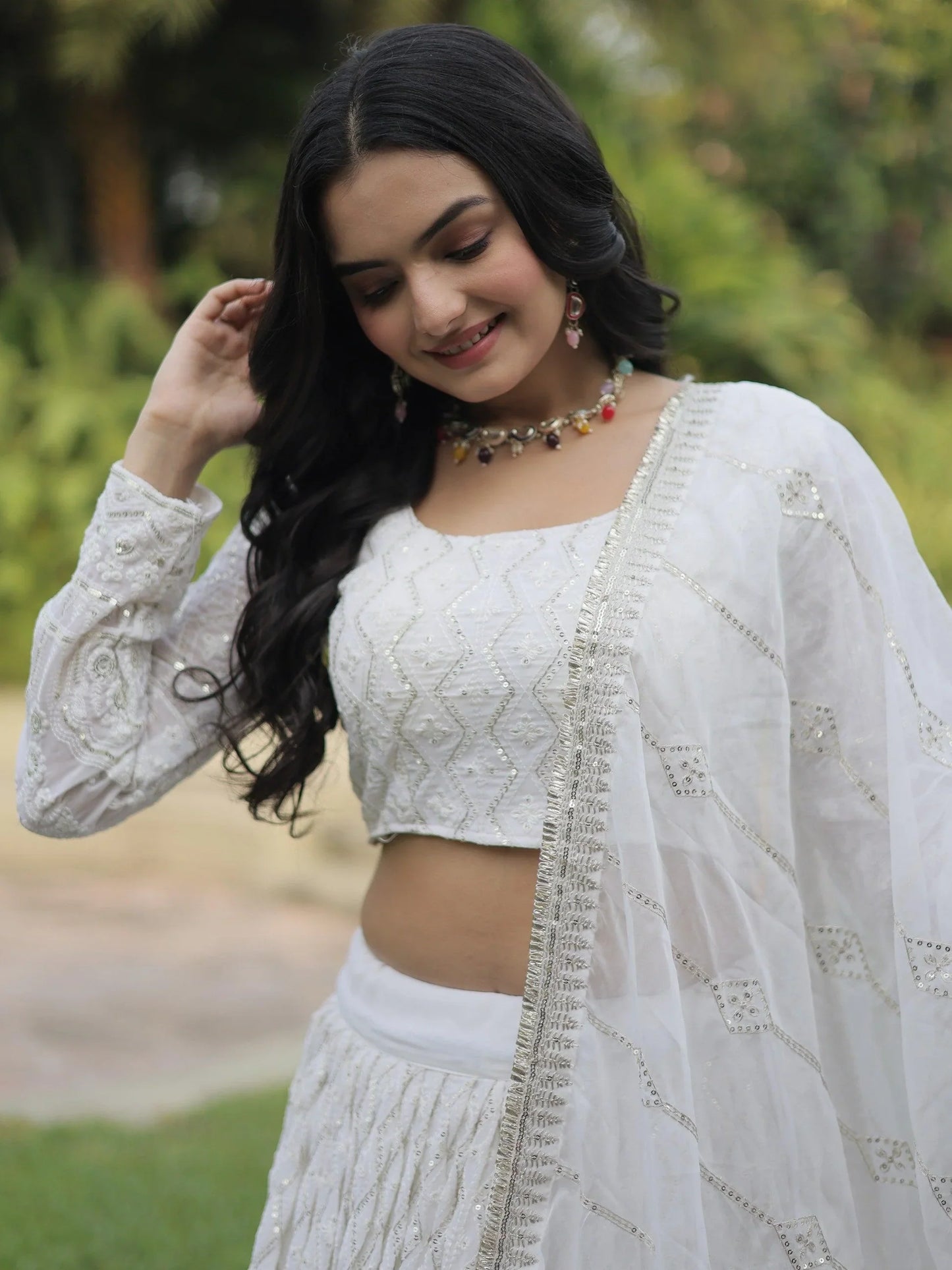 White georgette bridal lehenga with dupatta in California.