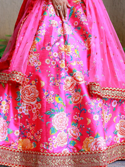 Pink floral print Indian designer lehenga for wedding shoot.