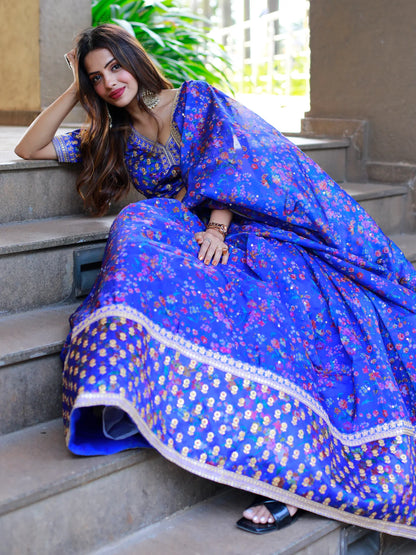 Trending blue multi embroidery designer lehenga for festival.